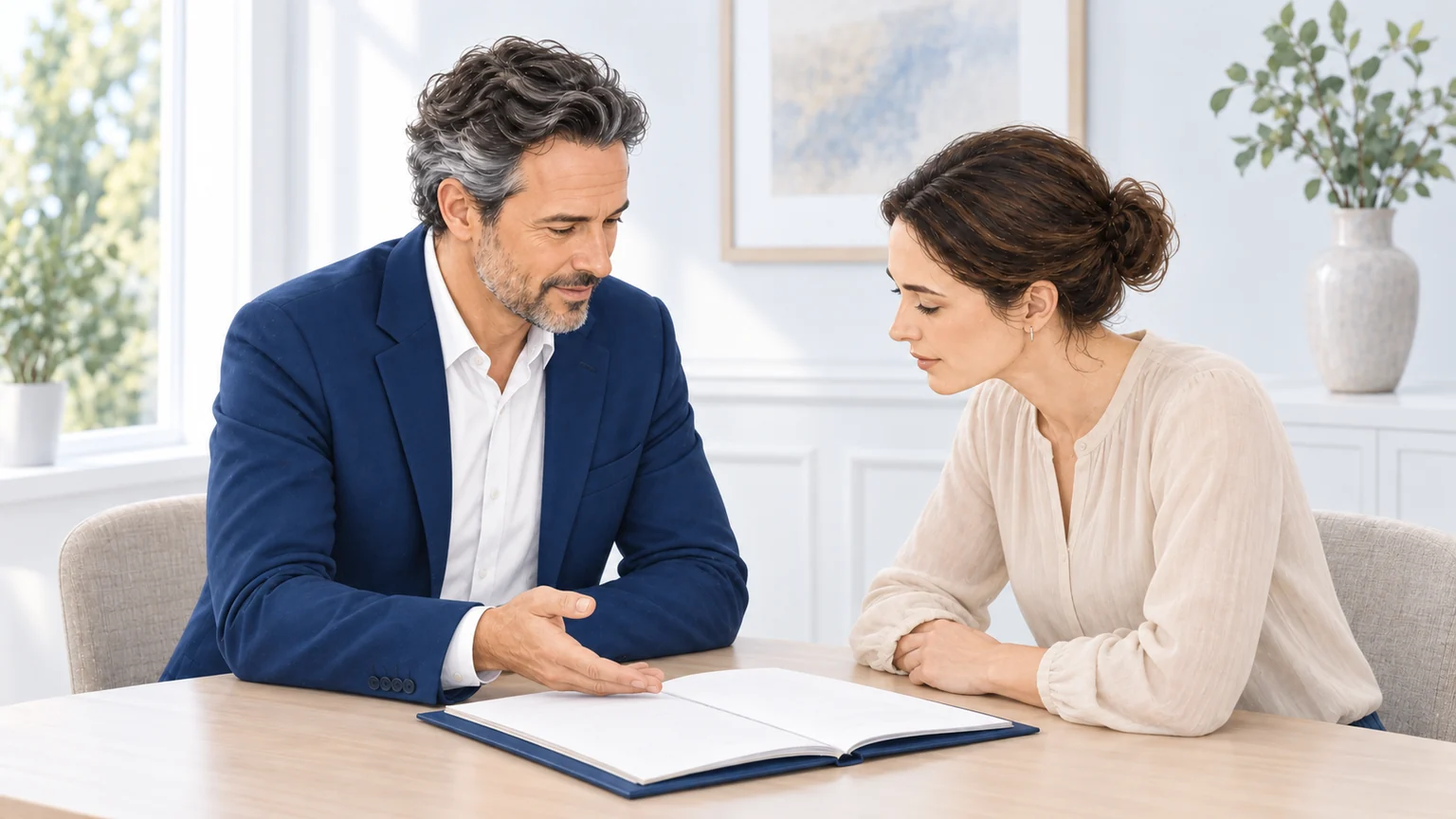 Un médecin-conseil examine un dossier médical avec une personne qu’il accompagne.