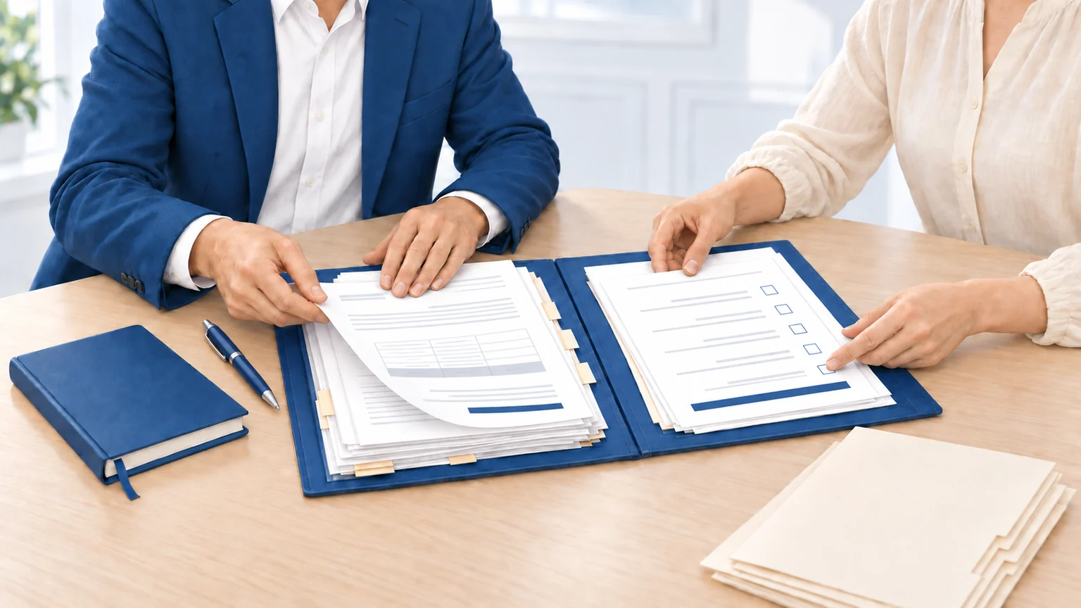 Un médecin-conseil et une victime classent des documents dans un dossier à intercalaires et vérifient une liste de pièces à préparer.