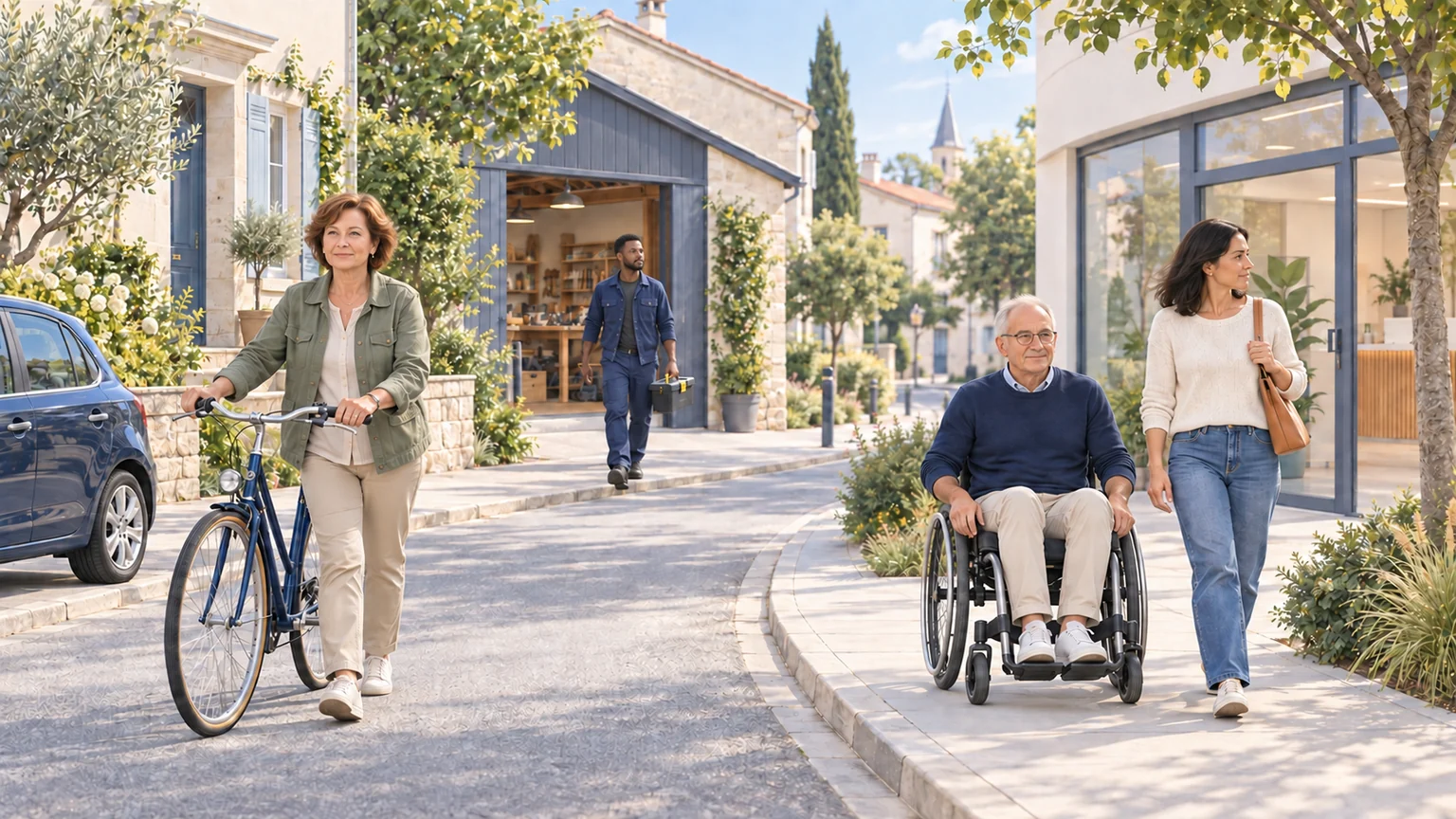 Une scène de vie réunissant une cycliste, un artisan et une personne en fauteuil roulant accompagnée, entre domicile, lieu de travail et établissement de santé.