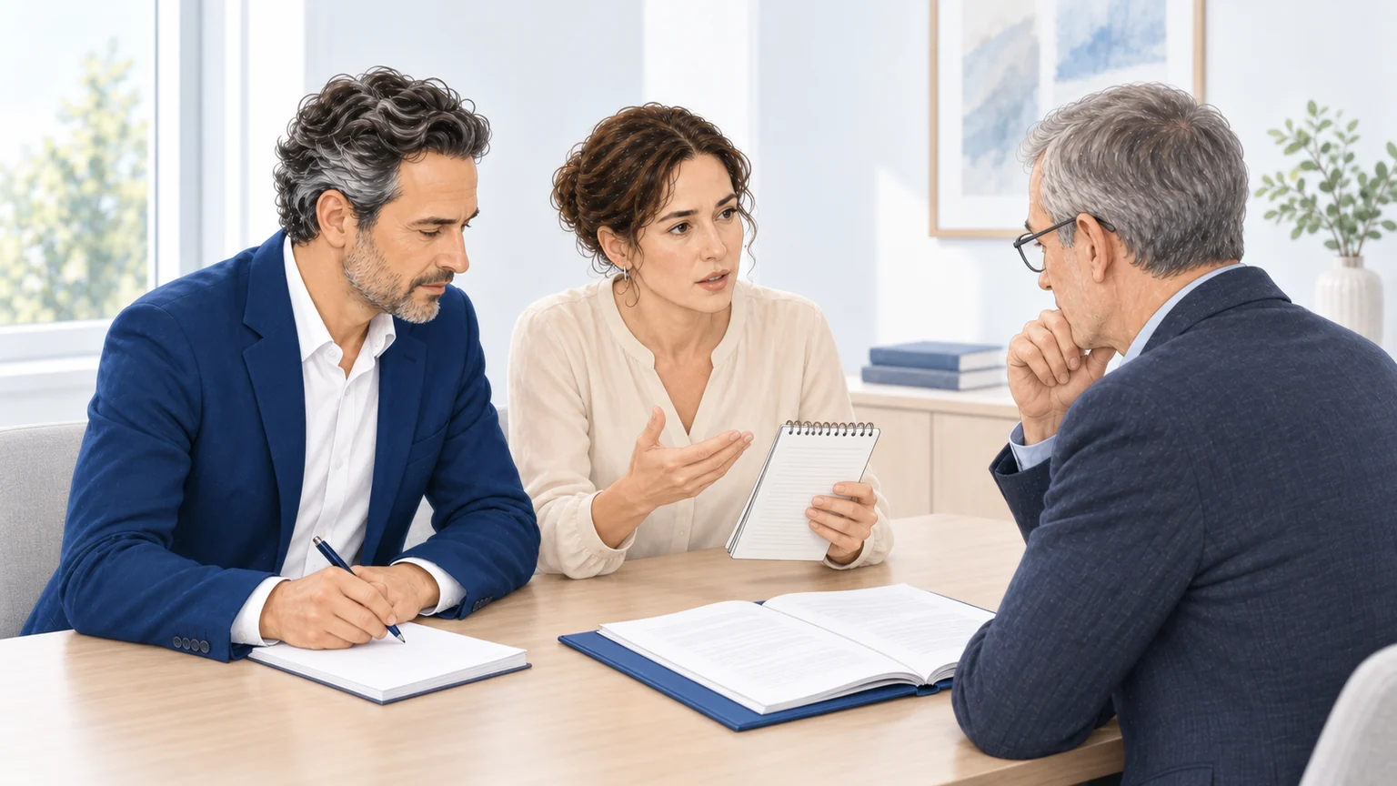 Une personne expose sa situation pendant une expertise médicale, accompagnée de son médecin-conseil.