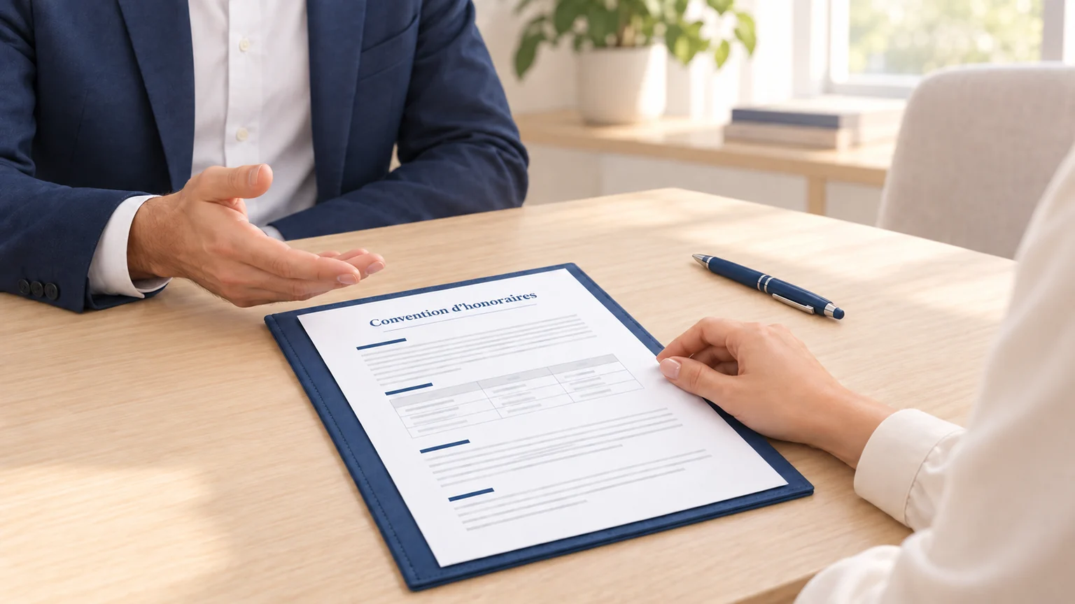 Un médecin-conseil présente une convention d’honoraires à une victime, avec un stylo posé près de la main de celle-ci.