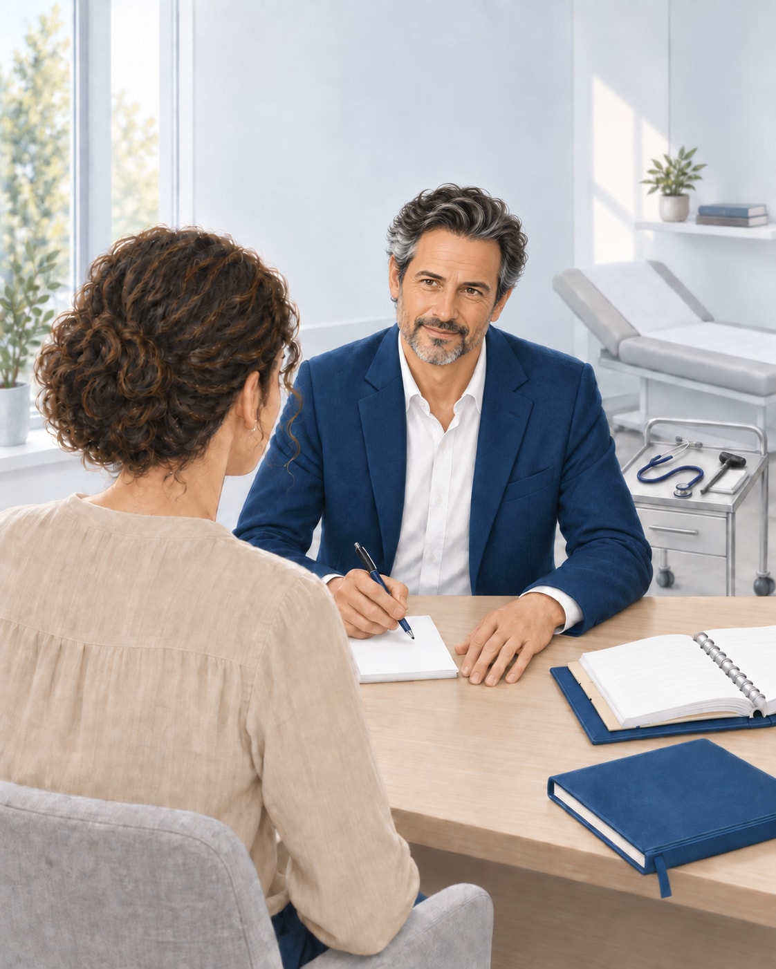Illustration d’un médecin-conseil Victis recevant une victime en consultation dans un cabinet médical